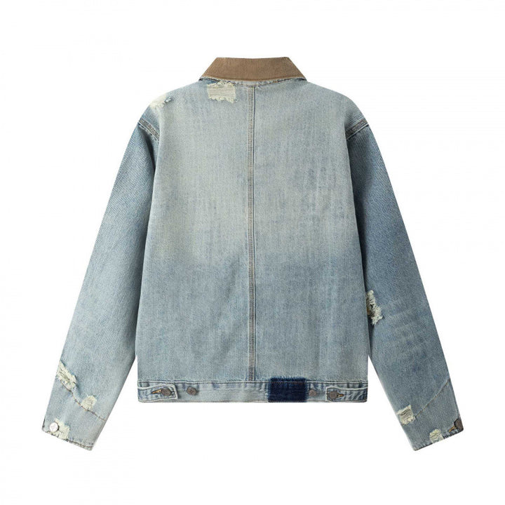 Unisex Boxy Denim jacket in Worker look with cord collar, used effect and large breast pockets Mune Fashion