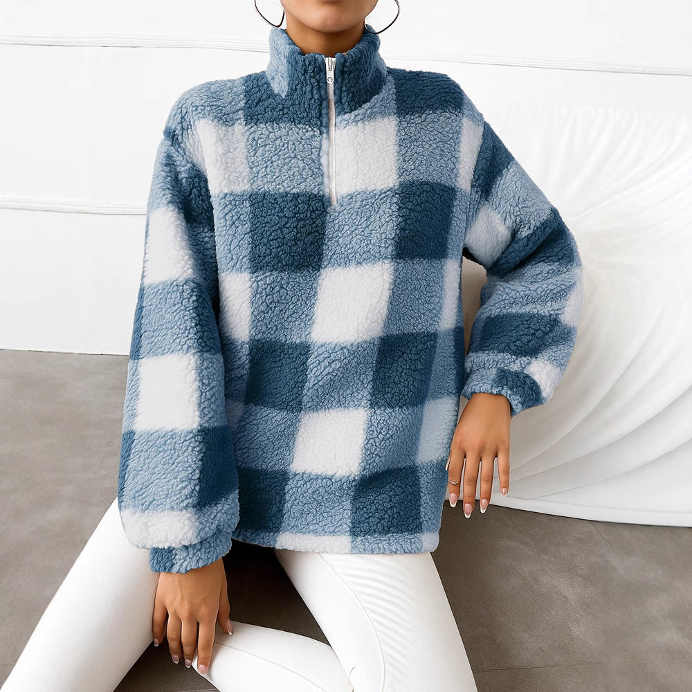 Ladies checked teddy fleece pullover with stand-up collar and half-height zipper Mune Fashion