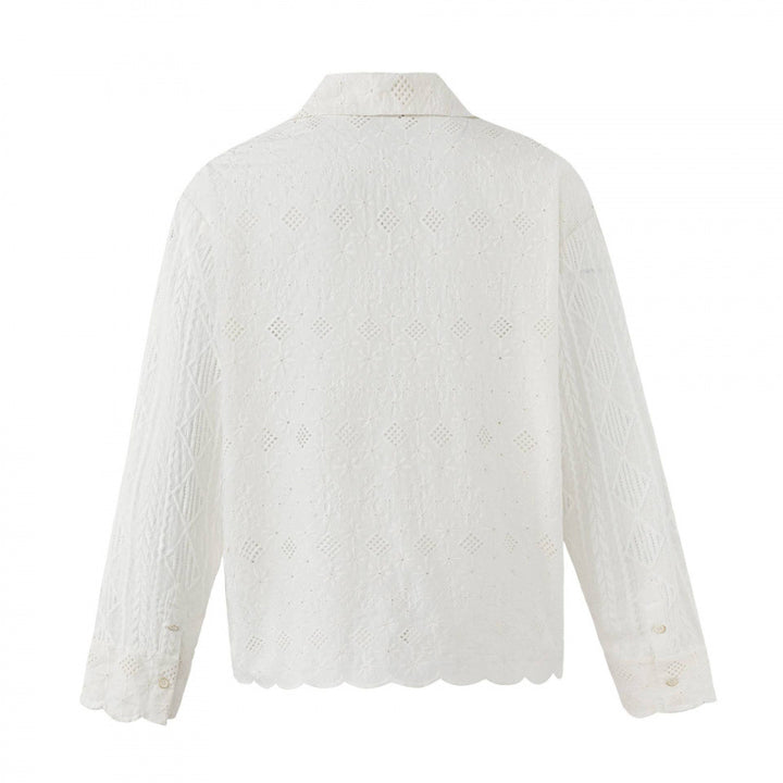 Women's Broderie-Anglaise Shirt Jacket in Boxy Cut with Shirt Collar and Button Placket Mune Fashion