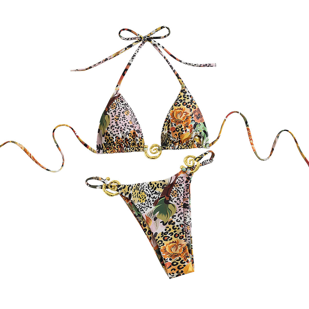 Women's triangle bikini with elegant gold details and colorful floral print Mune Fashion