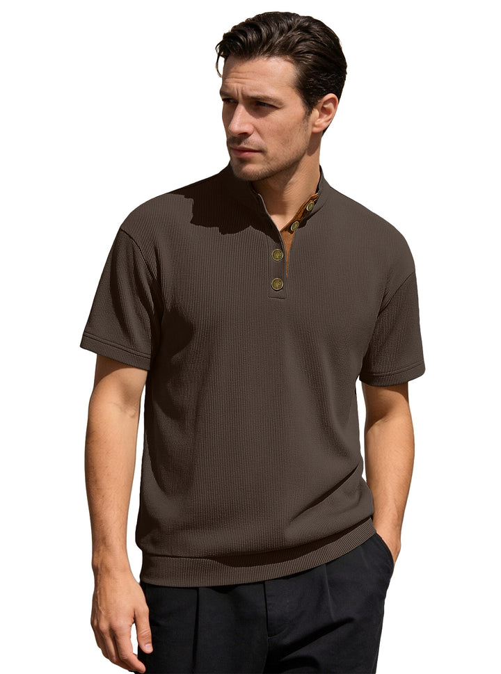 Men's Waffle Structure Short Sleeve Henley with Stand-Up Collar and Decorative Button Placket Mune Fashion