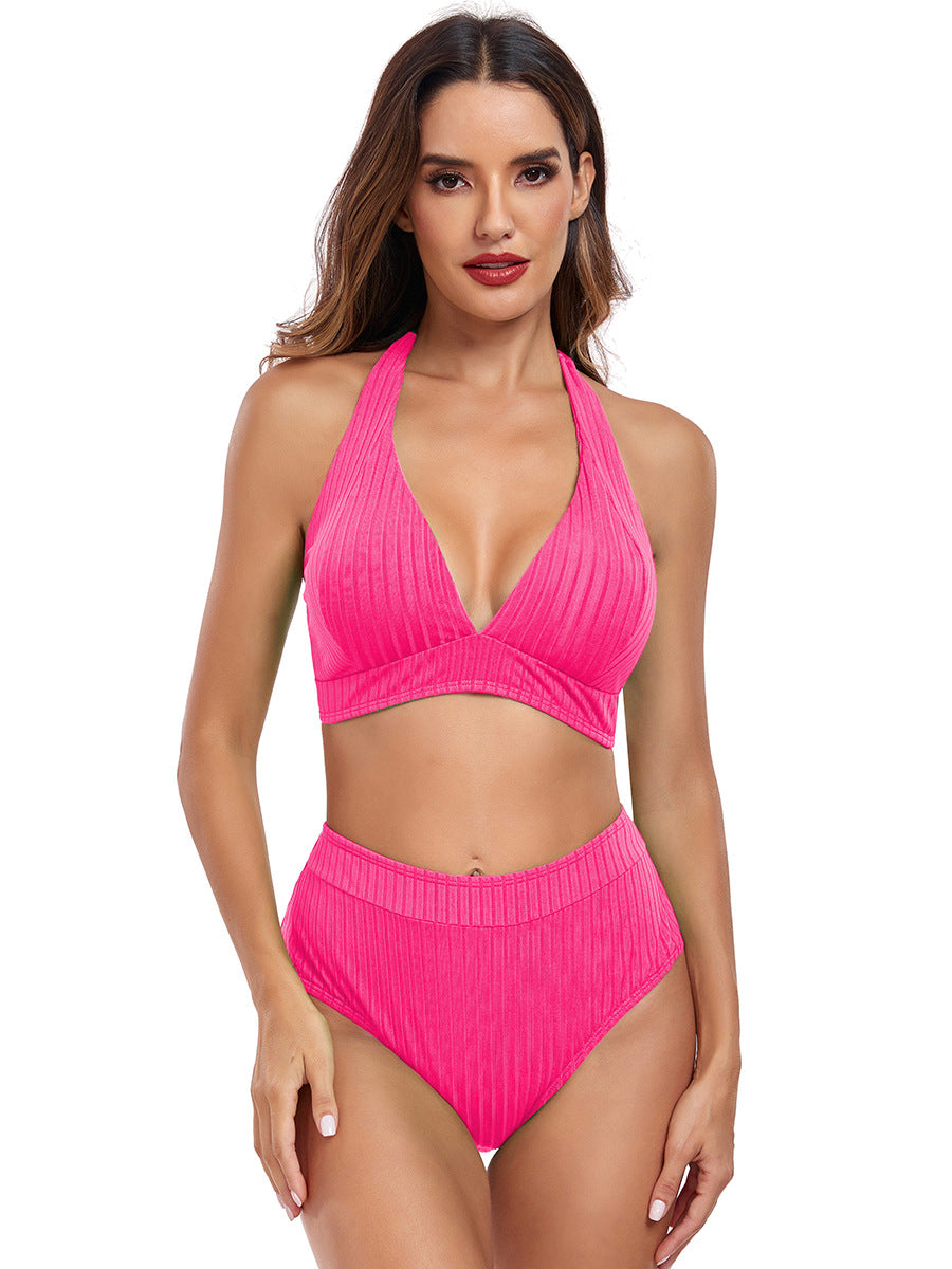 Women's High-Waisted Bikini with V-Neck and Ribbed Texture Mune Fashion