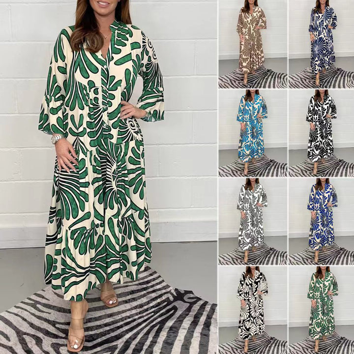 Ladies Long Tiered Dress with Button Placket and Abstract Leaf Print Mune Fashion