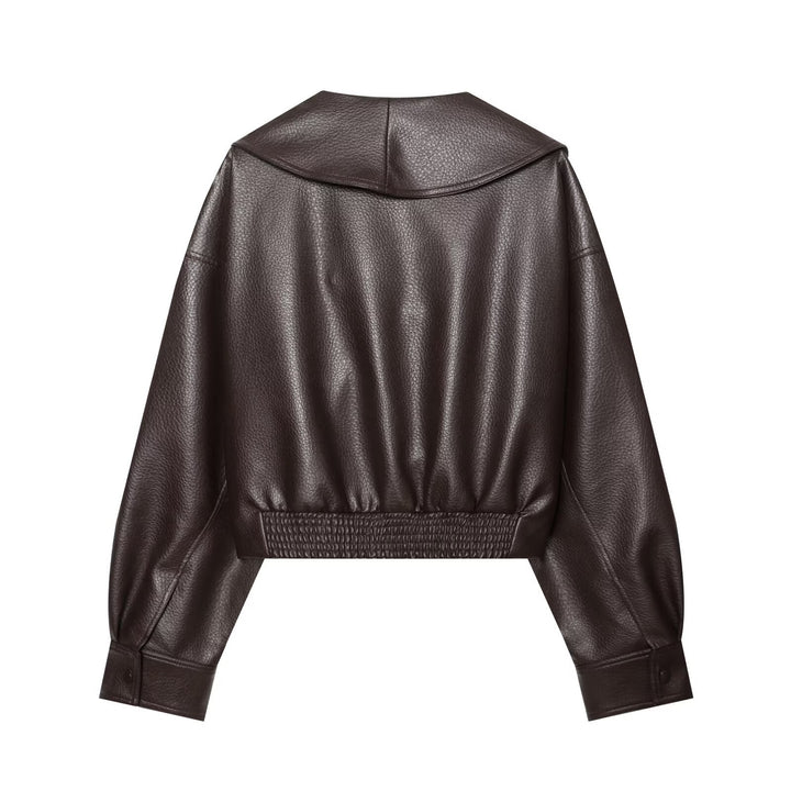 Women's Short Faux Leather Blouson with Wide Shawl Collar and Waist Strap Drune