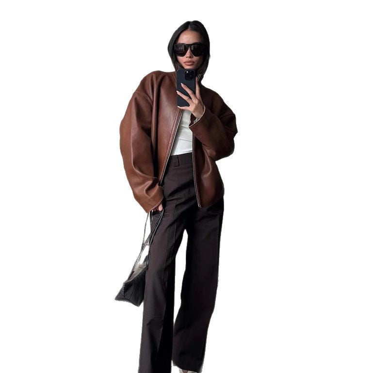 Women's Oversized Leather Blouson with Soft Teddy Lining and Concealed Zipper