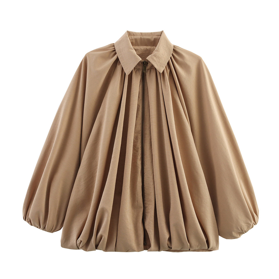 Women's Loose Ruched Blouse Jacket with Zipper and Balloon Sleeves Mune Fashion