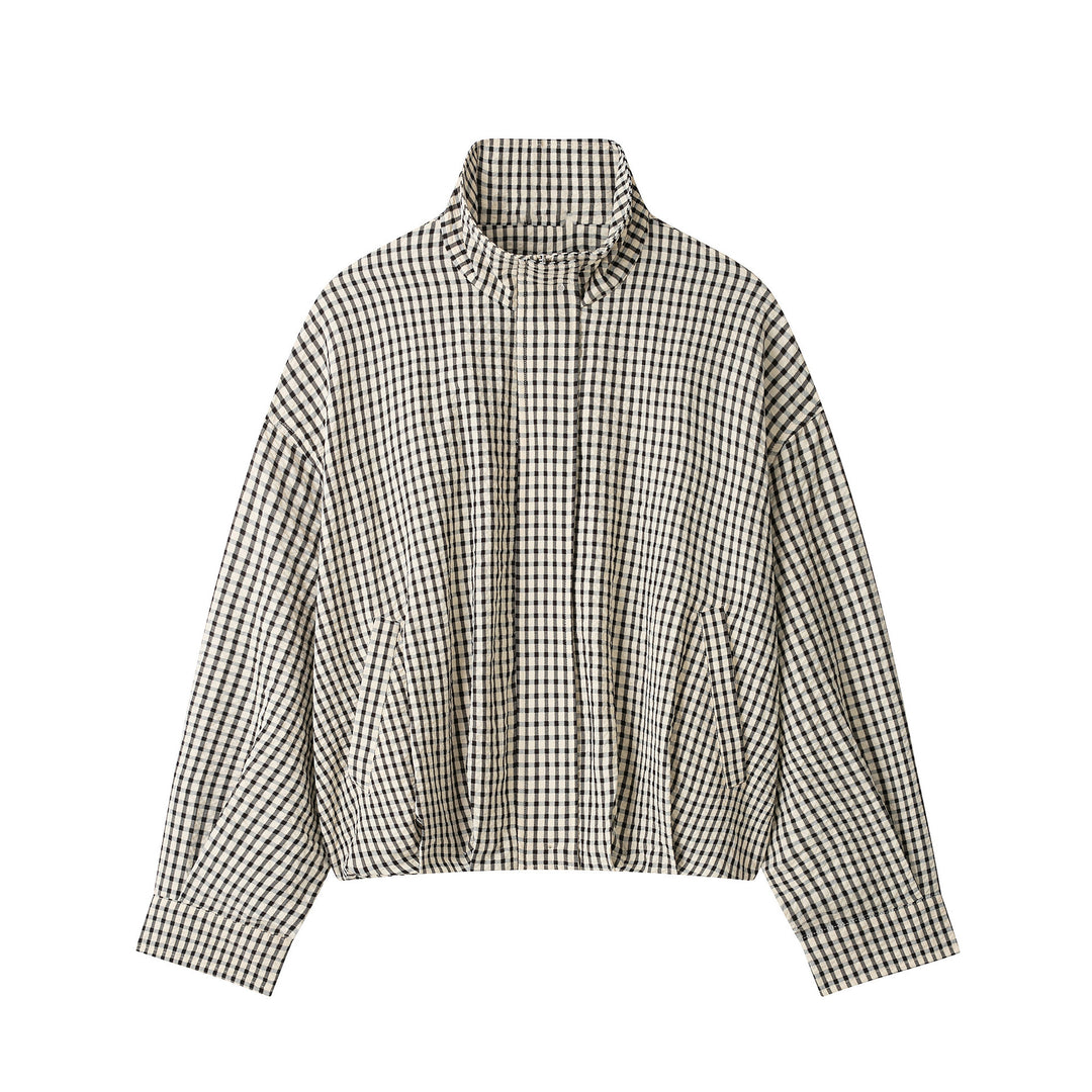 Women's checked overshirt with stand-up collar and boxy cropped silhouette Mune Fashion