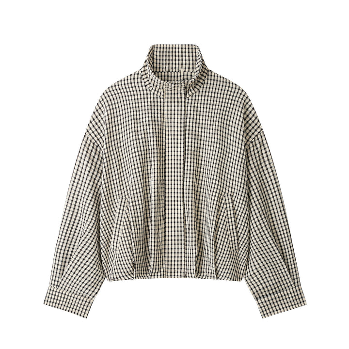 Women's checked overshirt with stand-up collar and boxy cropped silhouette Mune Fashion