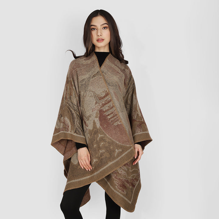 Women's jacquard cape with graphic floral motif and boxy oversized cut Mune Fashion