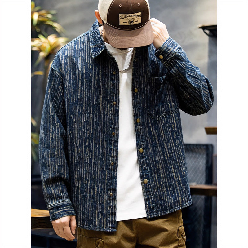 Men's denim overshirt with vertical textured pattern and snap button placket Mune Fashion