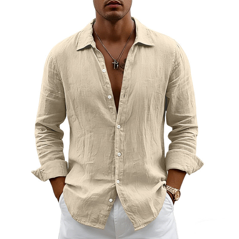 Men's airy relaxed linen shirt with open lapel, rounded hem, and roll-up sleeves Mune Fashion