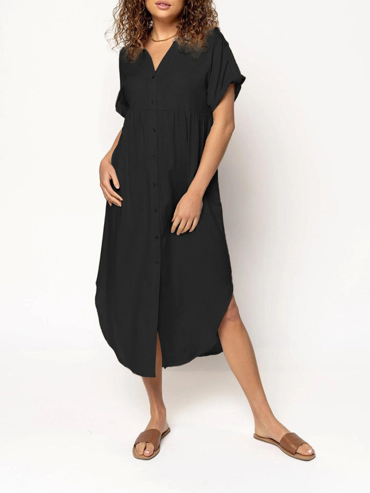 Ladies mid dress with button placket, V-neck and casual babydoll fit Mune Fashion