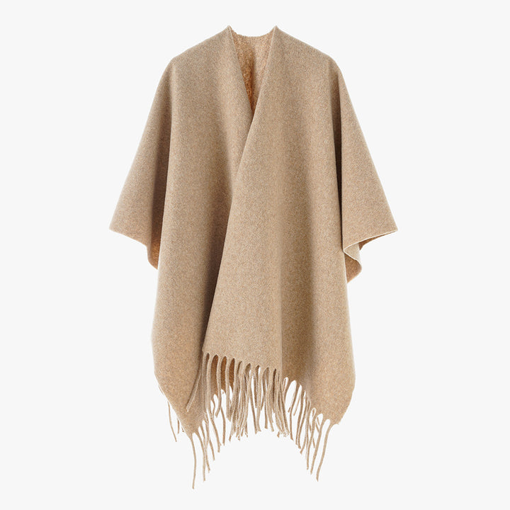 Women's Open Wool Blend Cape-Style Throw with Fringe Hem Mune Fashion