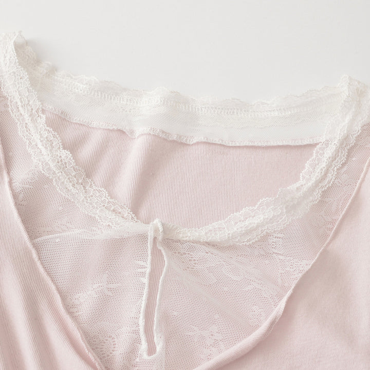 Women's Long Sleeve Fine Jersey Top with Lace Insert, Knot Front and Gathered Detail