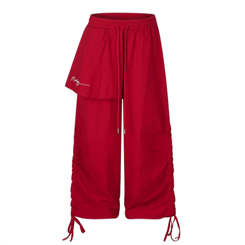 Women Wide Capri Pants with Drawstring, Side Gather and Asymmetrical Overlay Mune Fashion