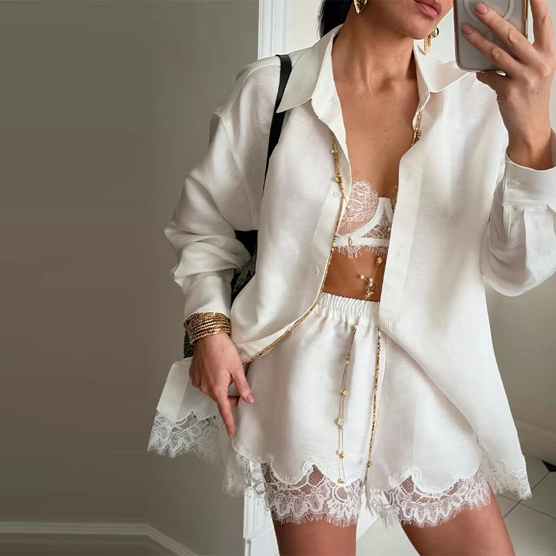 Women's two-piece satin pajama set with shirt blouse, elastic waistband shorts, and lace trim Mune Fashion