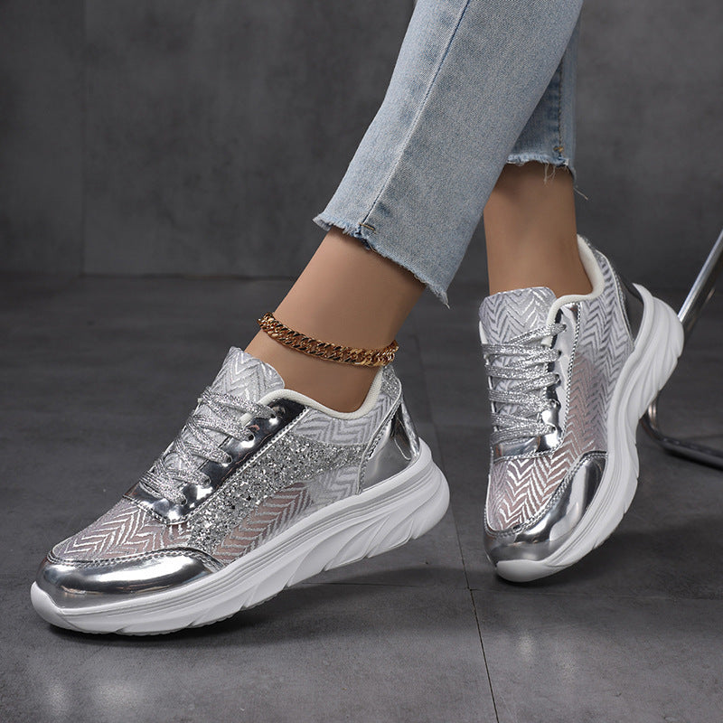 Women's nan glamorous eye-catching sneakers with glitter panels, jacquard woven upper material, and ergonomic wave sole Mune Fashion