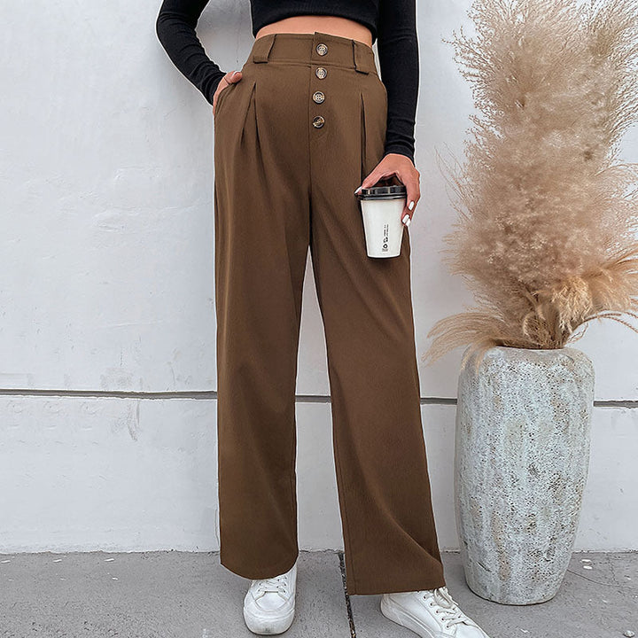 Women's High-Waisted Wide Fabric Pants with Decorative Button Placket and Pleats