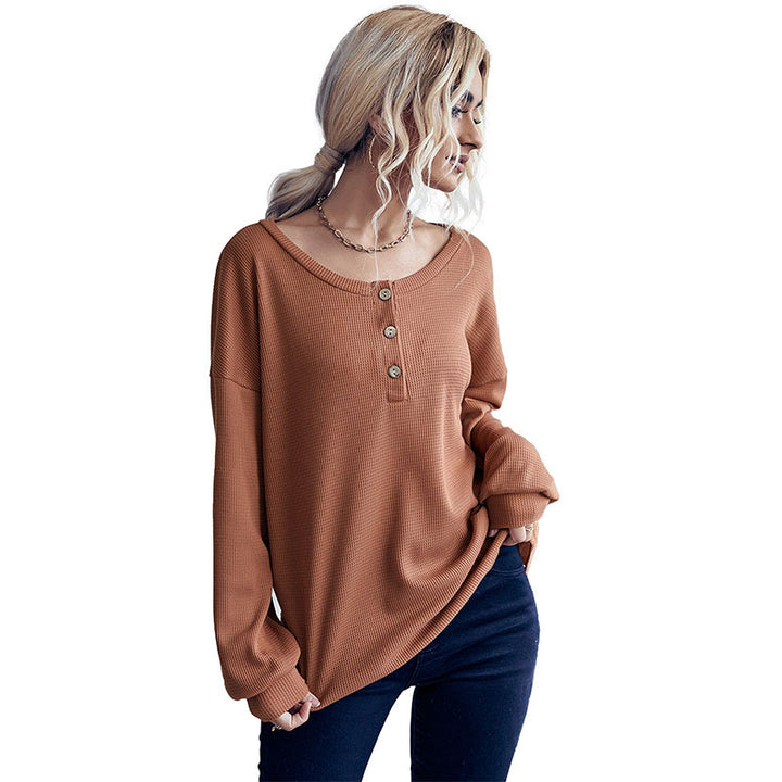 Women's waffle knit pullover with Henley button placket and dropped shoulder Mune Fashion