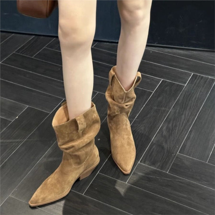 Women's Slouch Cowboy Boots with Pointed Toe and Sculpted Kitten Heel Mune Fashion