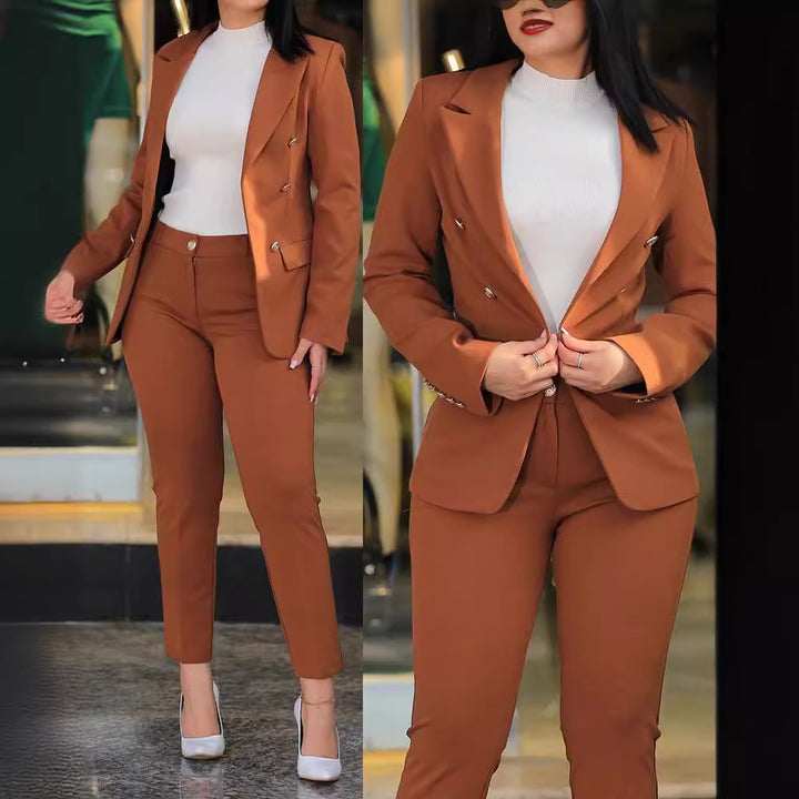 Women's tailored business pantsuit set with double-breasted blazer and tapered waistband pants Mune Fashion