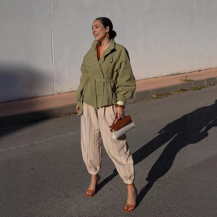 Women's Tailored Short Parka with Stand-up Collar, Balloon Sleeves and Ties Belt Mune Fashion