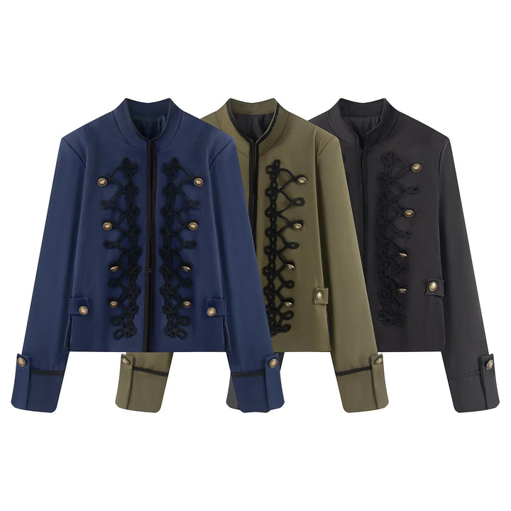 Women's short jacket in uniform style with ornamental cord decoration, stand-up collar and concealed zipper Mune Fashion