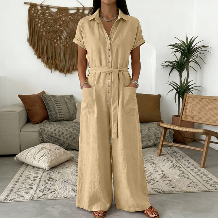 Women's Shirt Blouse Jumpsuit with Wide Leg, Patch Pockets and Tied Belt Mune Fashion