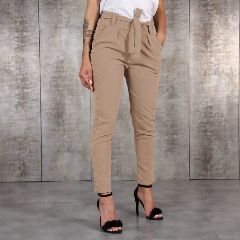 Women's fitted paperbag pants with belt and slim leg Mune Fashion