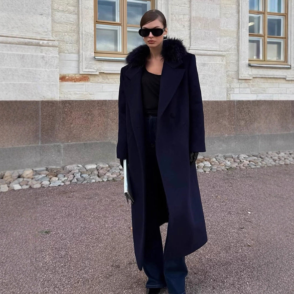 Women's long wool blend coat with generous faux fur shawl collar and oversized cut Mune Fashion