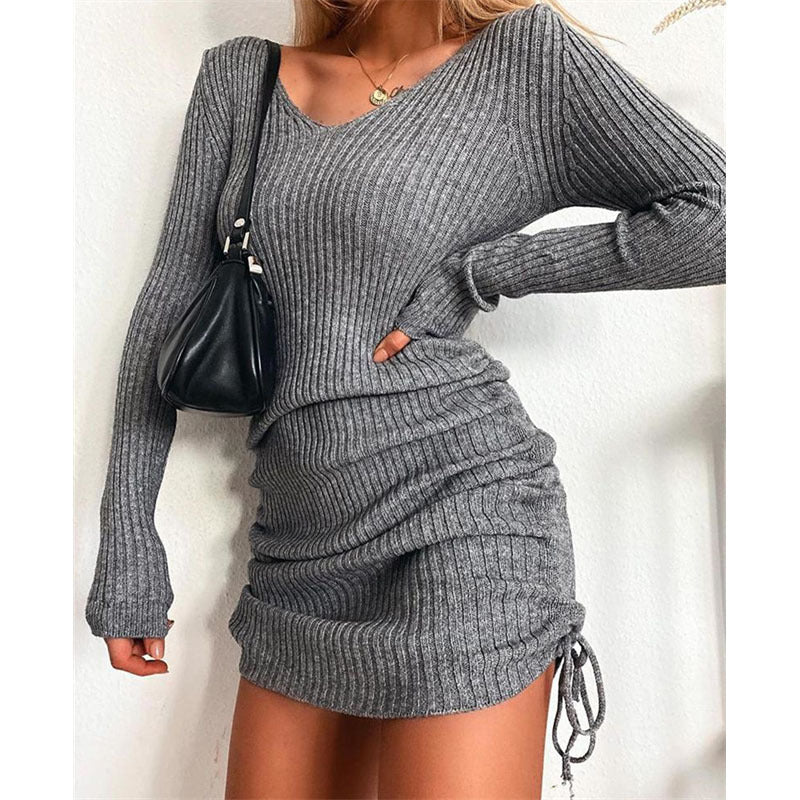 Women's Figure-Hugging Rib Knit Mini Dress with Long Sleeves and Side Gathering Mune Fashion