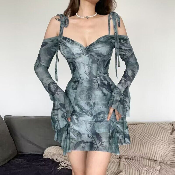 Women Tailored Mini Dress with Off-the-Shoulder Neckline, Adjustable Shoulder Straps, and Flared Sleeves Mune Fashion