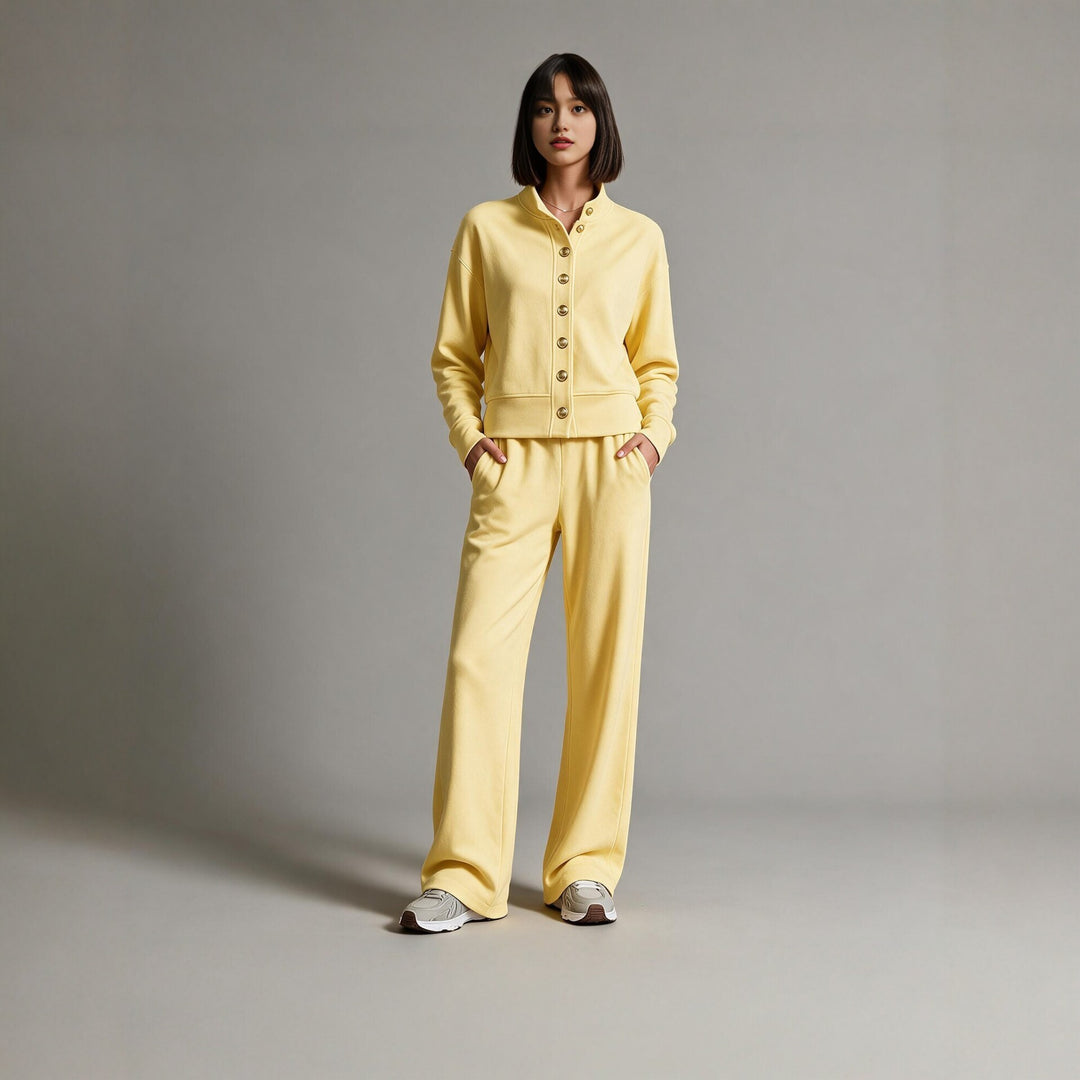Women's sweat jacket with snap button placket, standing collar, and soft lounge cut Mune Fashion