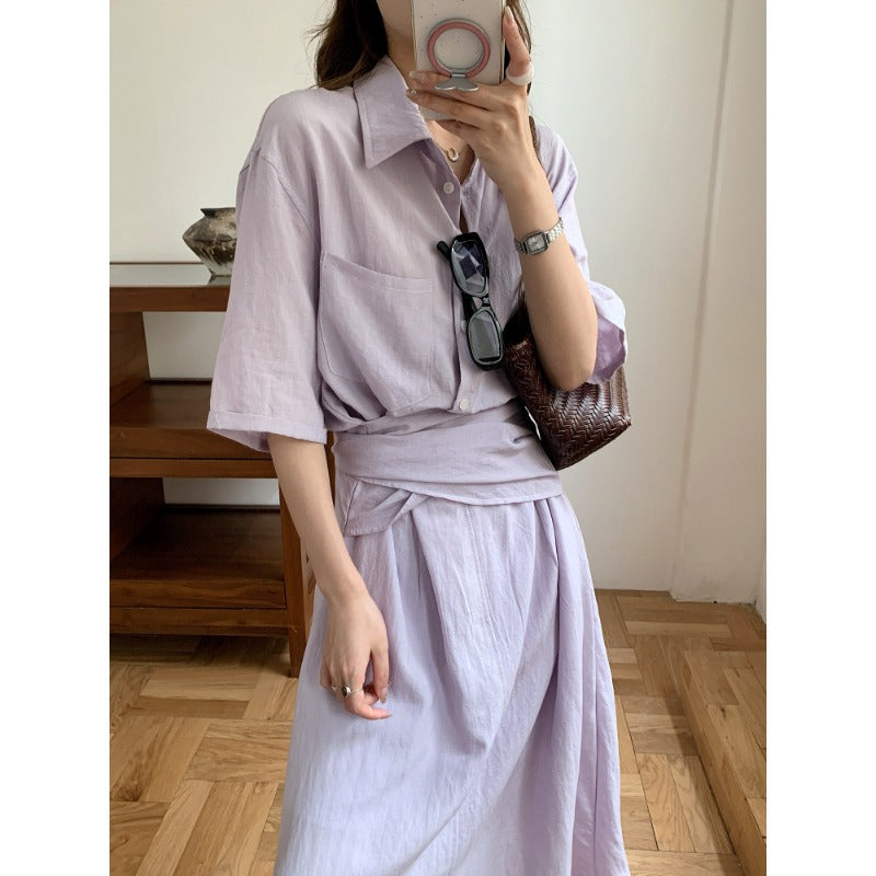 Women's Two-Piece Linen Look Blouse and Midi Skirt Set with Tailored Waist Mune Fashion