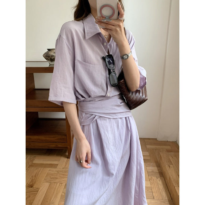 Women's Two-Piece Linen Look Blouse and Midi Skirt Set with Tailored Waist Mune Fashion