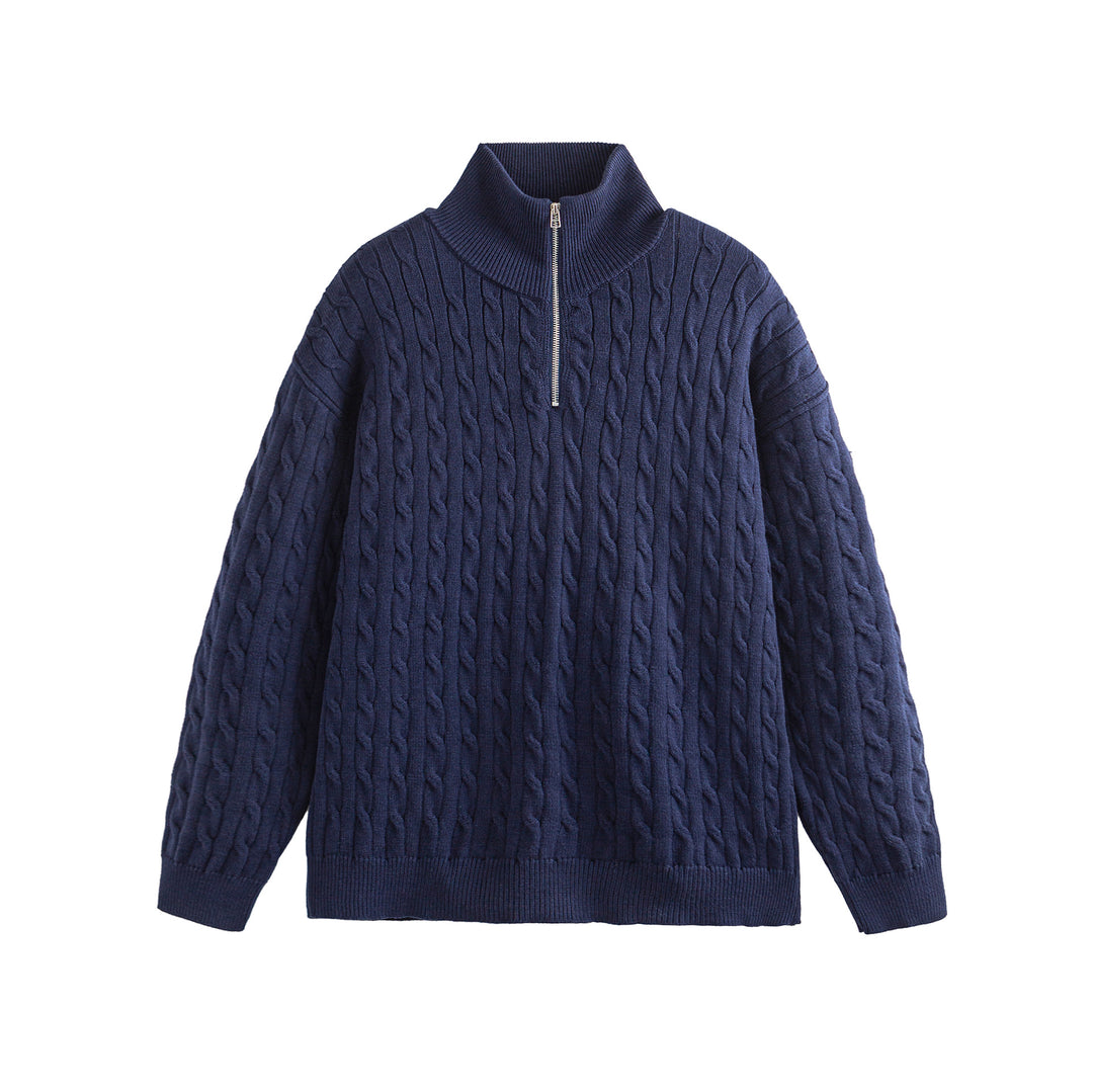 Unisex Thick Knit Cable Pattern Sweater with Half Zip and High Ribbed Collar Mune Fashion