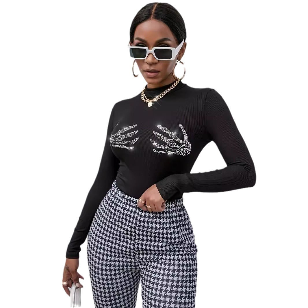 Women’s figure-hugging transparent mesh long sleeve shirt with high collar and rhinestone skeleton motif Mune Fashion