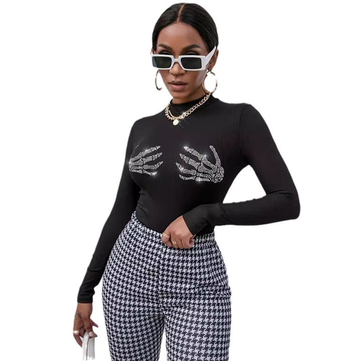 Women’s figure-hugging transparent mesh long sleeve shirt with high collar and rhinestone skeleton motif Mune Fashion