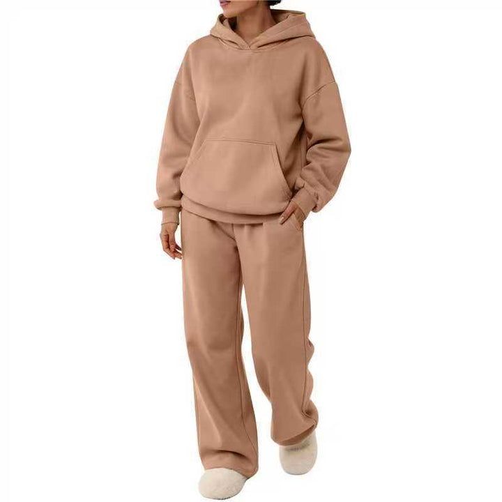Women's two-piece leisure lounge set with hoodie, kangaroo pocket, and straight lounge pants made of soft cotton blend Mune Fashion