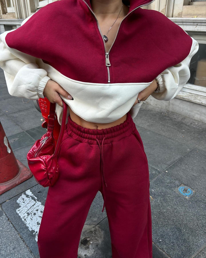 Women's Oversized Two-Tone Half-Zip Loungewear Set with Stand Collar and Wide Palazzo Jogger Mune Fashion