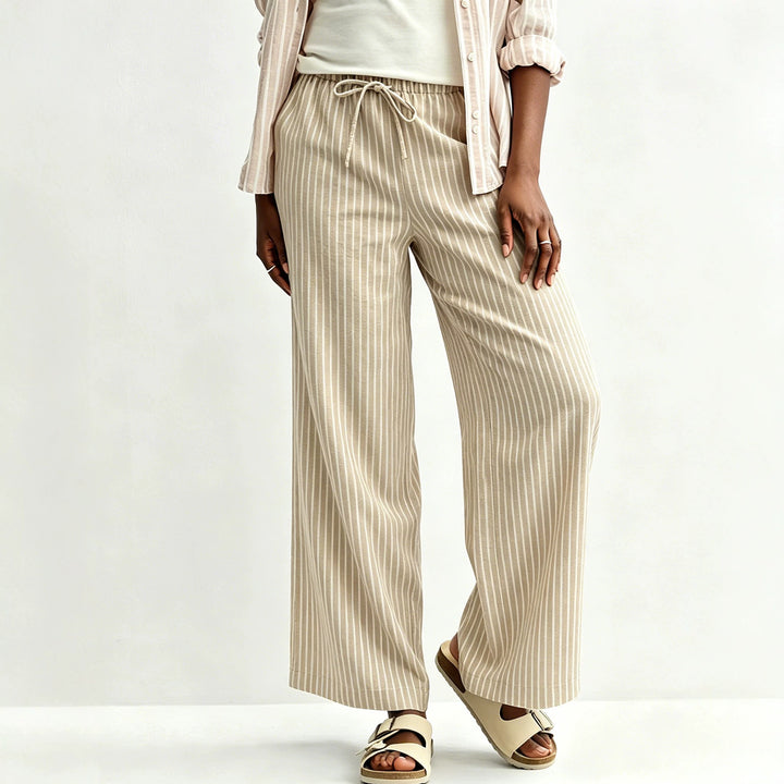 Women's Wide Linen Look Lounge Pants with Elastic Waistband and Drawstring Mune Fashion