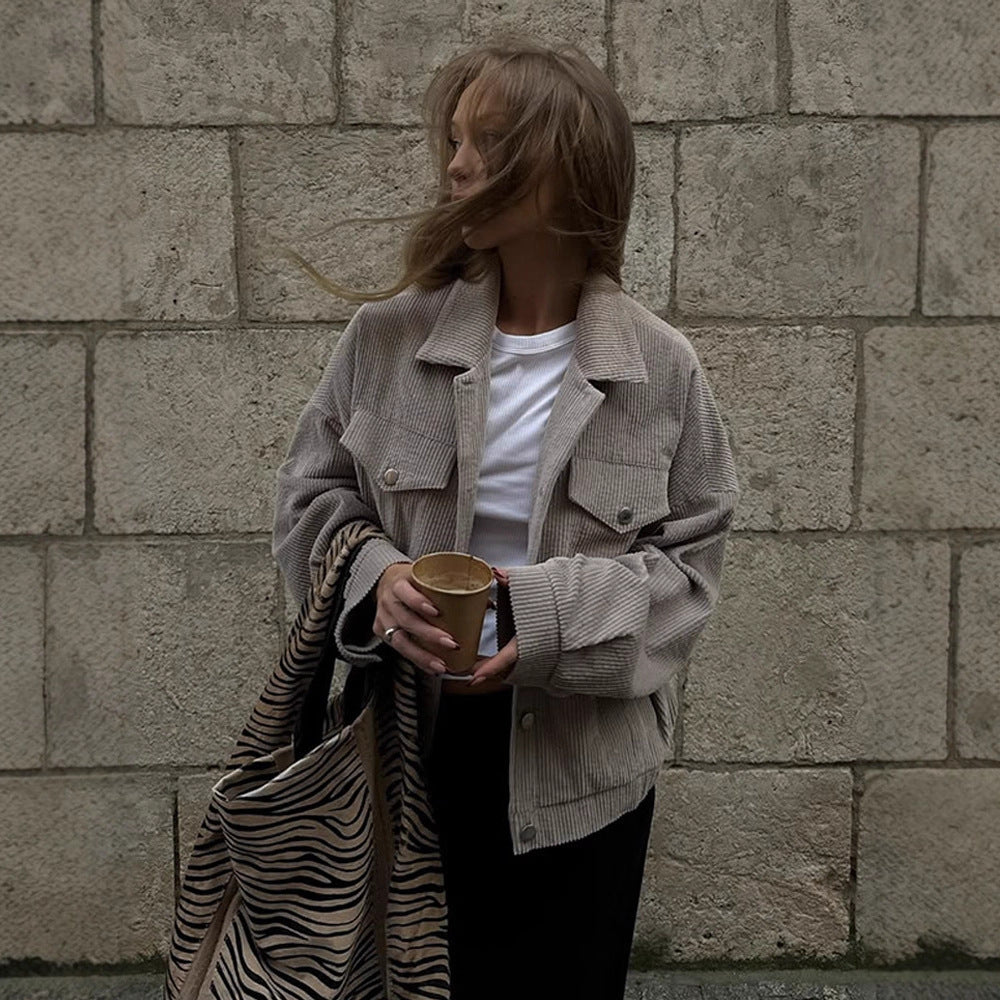 Women’s Oversize Cord Jacket in Cropped Cut with Flap Pockets and Boxy Silhouette Mune Fashion