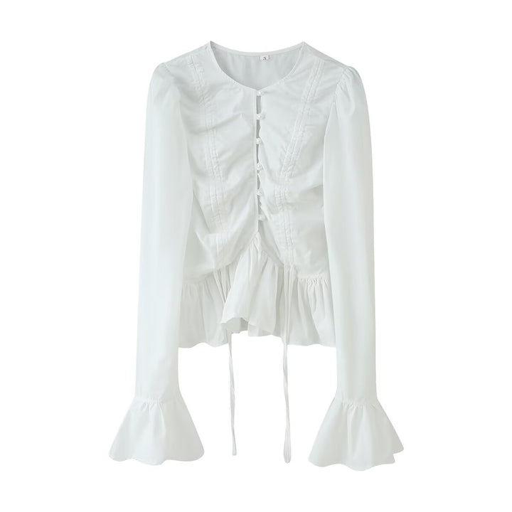 Women's Ruffle Blouse with Drawstring, Gathered Placket and Flounce Hem Mune Fashion