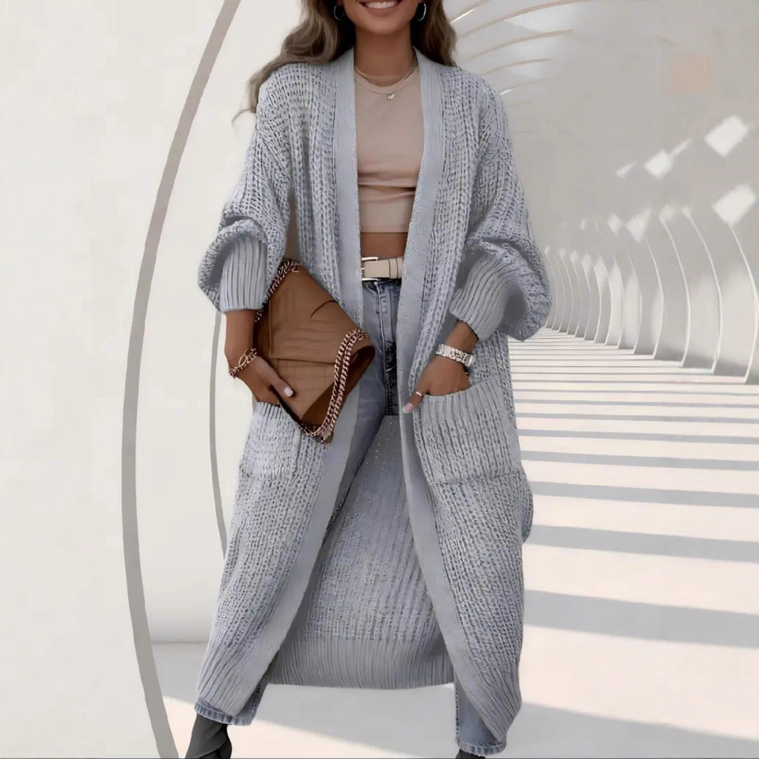 Women Long Open Chunky Knit Coat Cardigan with Braided Structure and Dropped Shoulder Mune Fashion