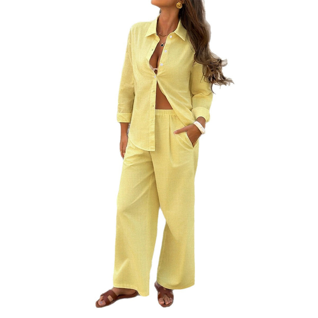 Women's nan legeres shirt and palazzo set made of structured linen look with Kent collar and high waist Mune Fashion