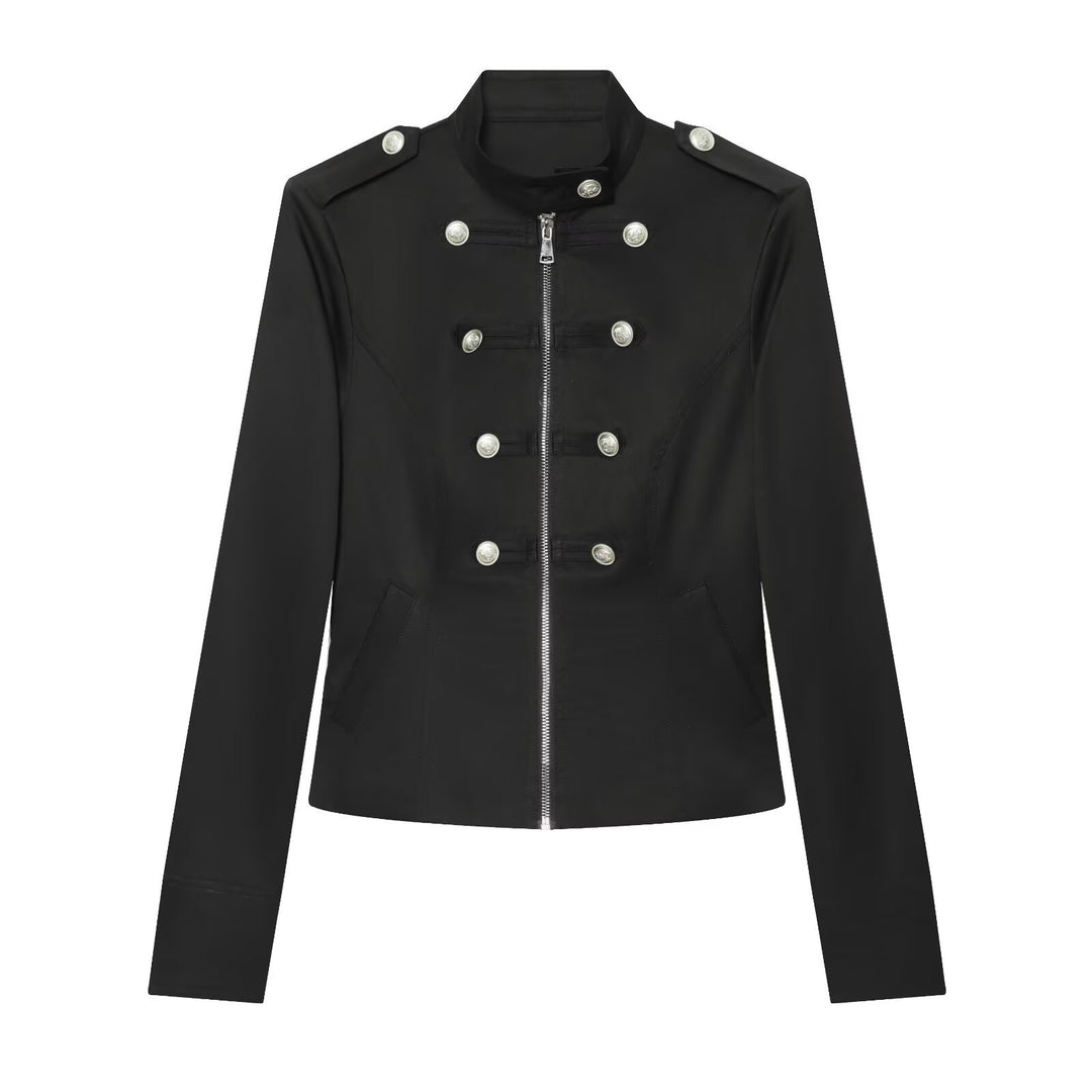 Women Military-Inspired Short Jacket with Stand-Up Collar, Decorative Button Placket and Zipper Mune Fashion