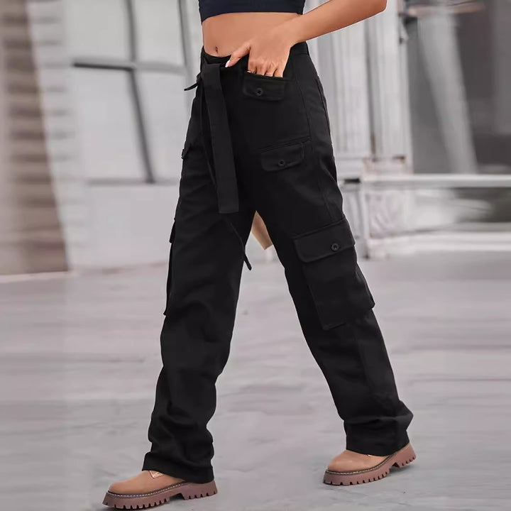Ladies cargo pants with high waist, tie belt, and multiple flap pockets Mune Fashion