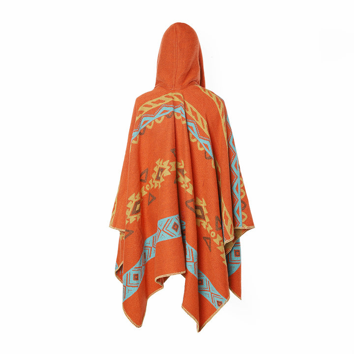 Women's Hooded Cape made of Wool Blend with Graphic Aztec Pattern Mune Fashion