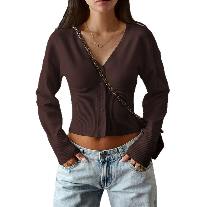Women's fitted cropped cardigan with deep V-neck, ribbed hem, and continuous button placket Mune Fashion