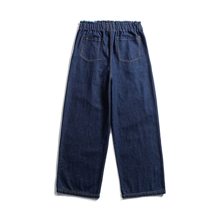 Men's Loose Denim Pants with Elastic Drawstring Waistband and Pleats Mune Fashion